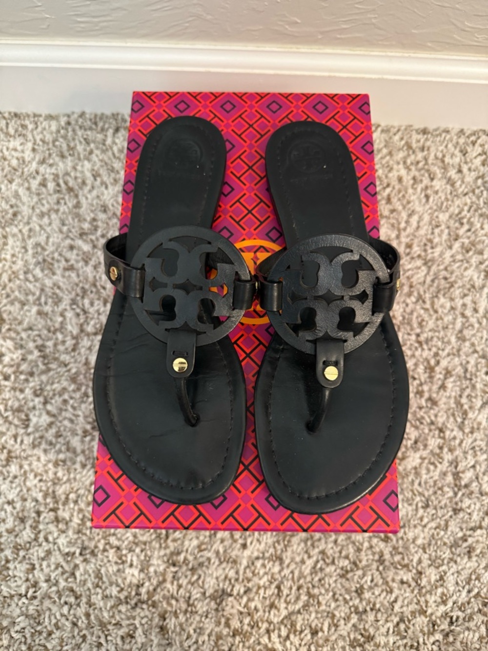 Tory Burch Black Leather Miller Sandals with Gold Accents